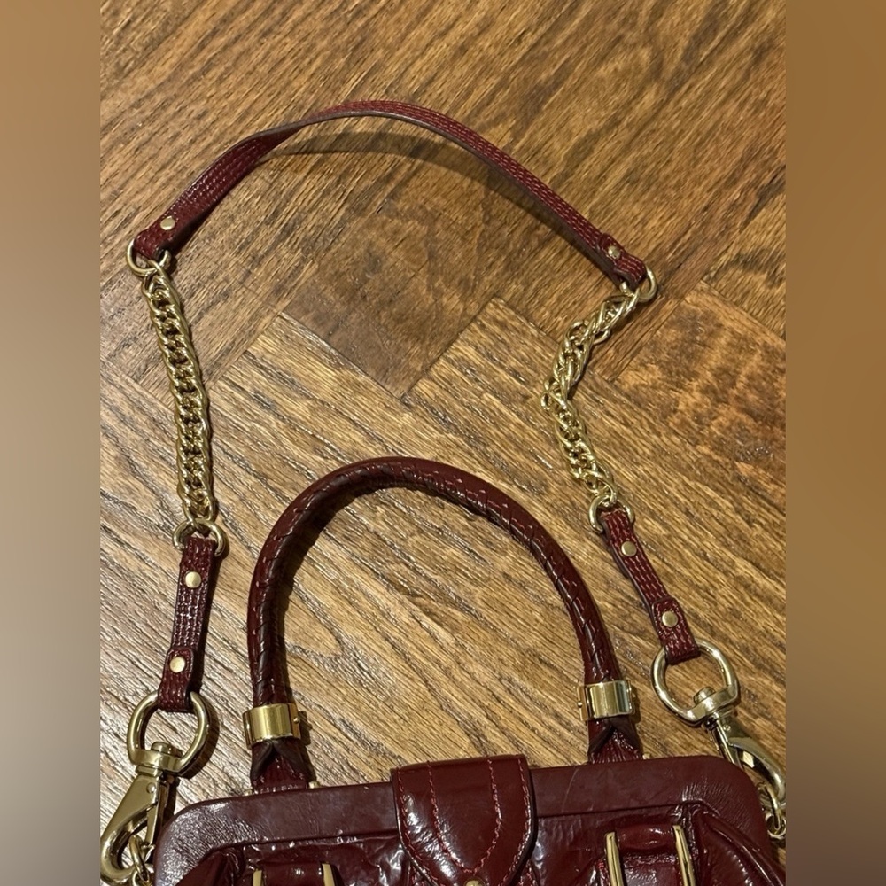 Vintage Cole Haan Burgundy Red Patent Leather Bag Purse Gold Accents - Picture 6 of 10